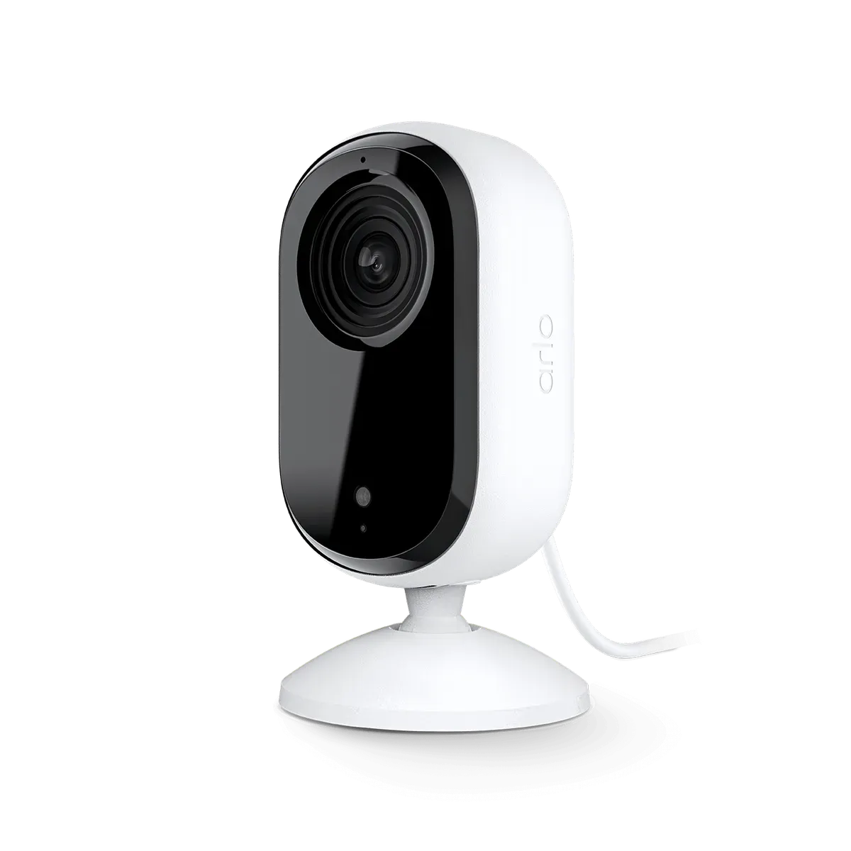 Caméra Arlo Essential 2K intérieure blanche sur son pied, vue de face