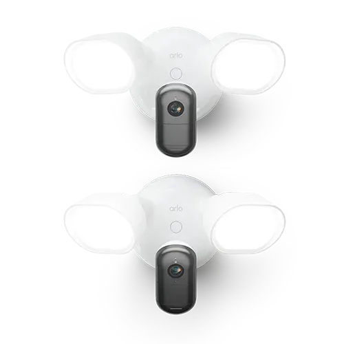 Caméra Arlo Floodlight filaire blanche avec ses deux projecteurs LED de part et d'autre de l'objectif