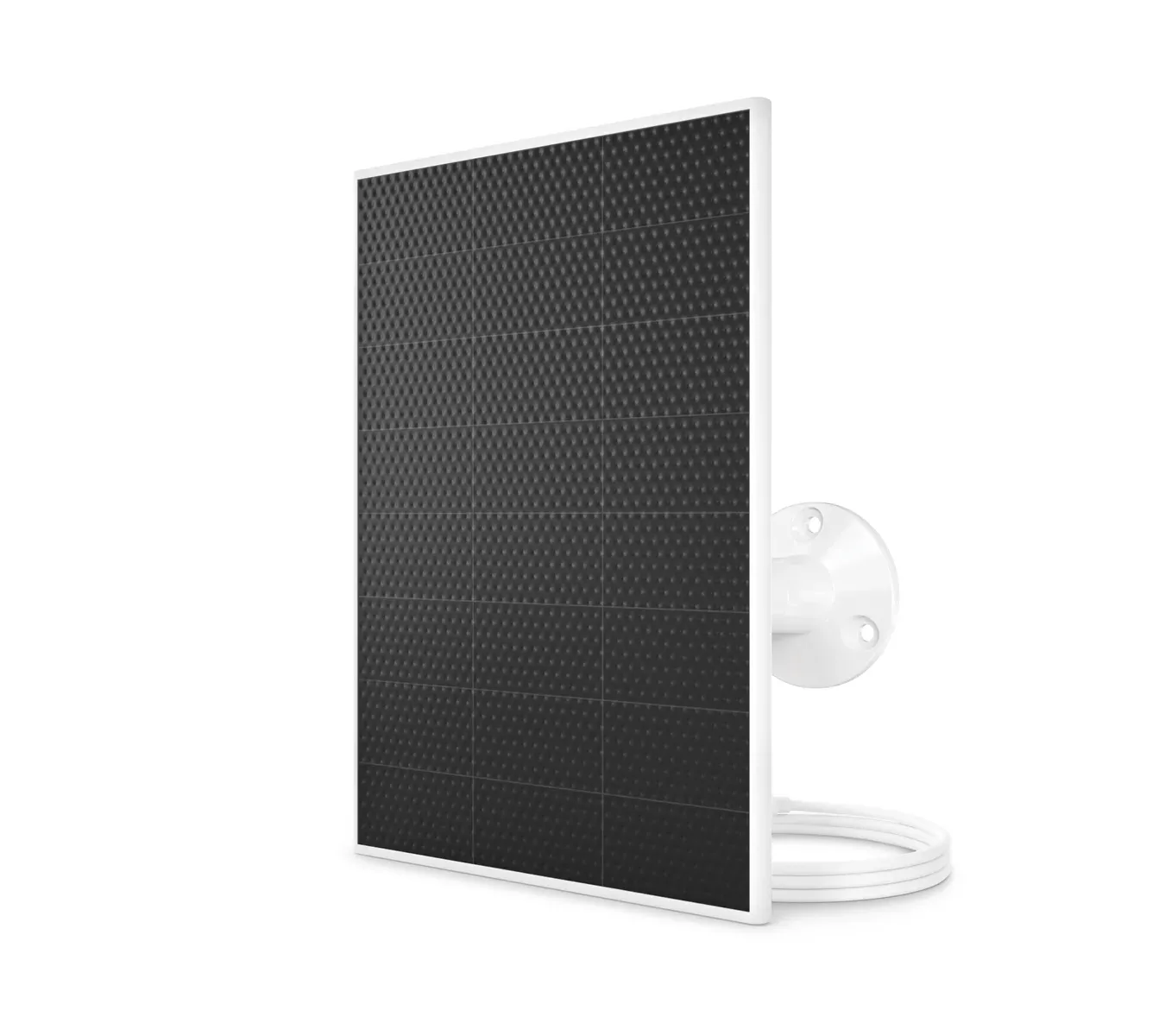 Panneau solaire universel Arlo blanc sur son support mural orientable, câble enroulé