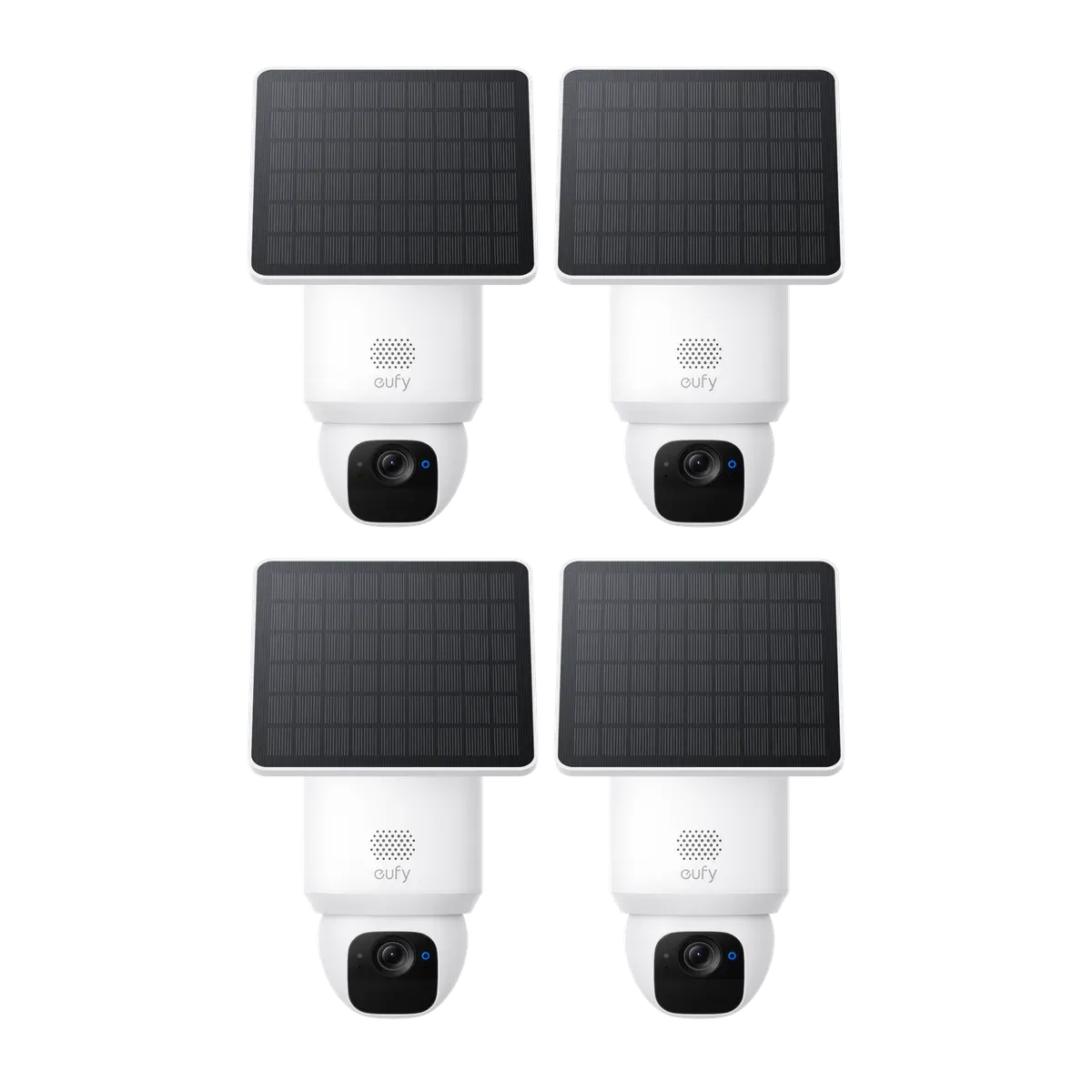 Caméra eufy SoloCam E30 blanche à tête pivotante, avec son panneau solaire amovible